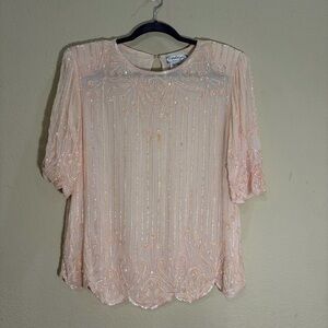 Vtg Fairycore Top L Blush Beaded Sequin Floral  Silk Blouse Candlelight Boho